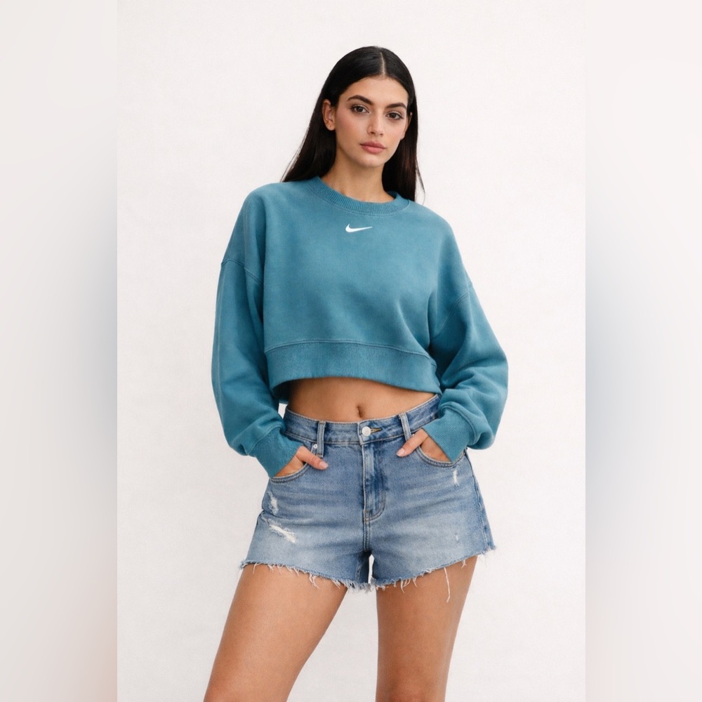 Nike Teal-Blue Oversized Fleece Crewneck Cropped Phoenix Sweatshirt Sz. S